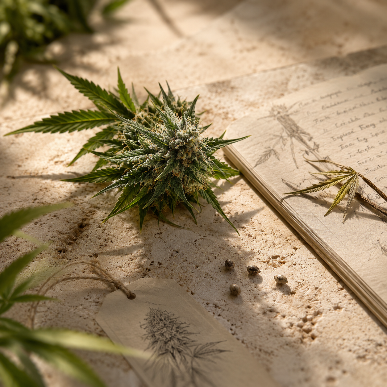 Flor de cannabis e caderno botânico — início da cadeia Fito Completo
