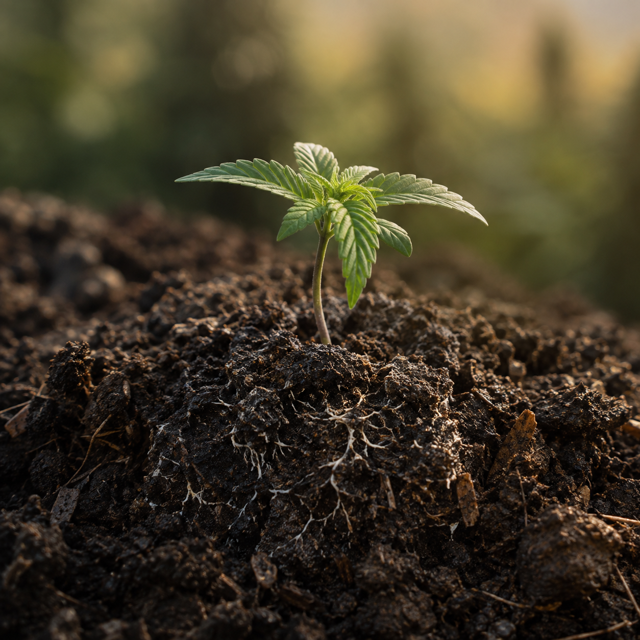 Muda de cannabis em solo vivo
