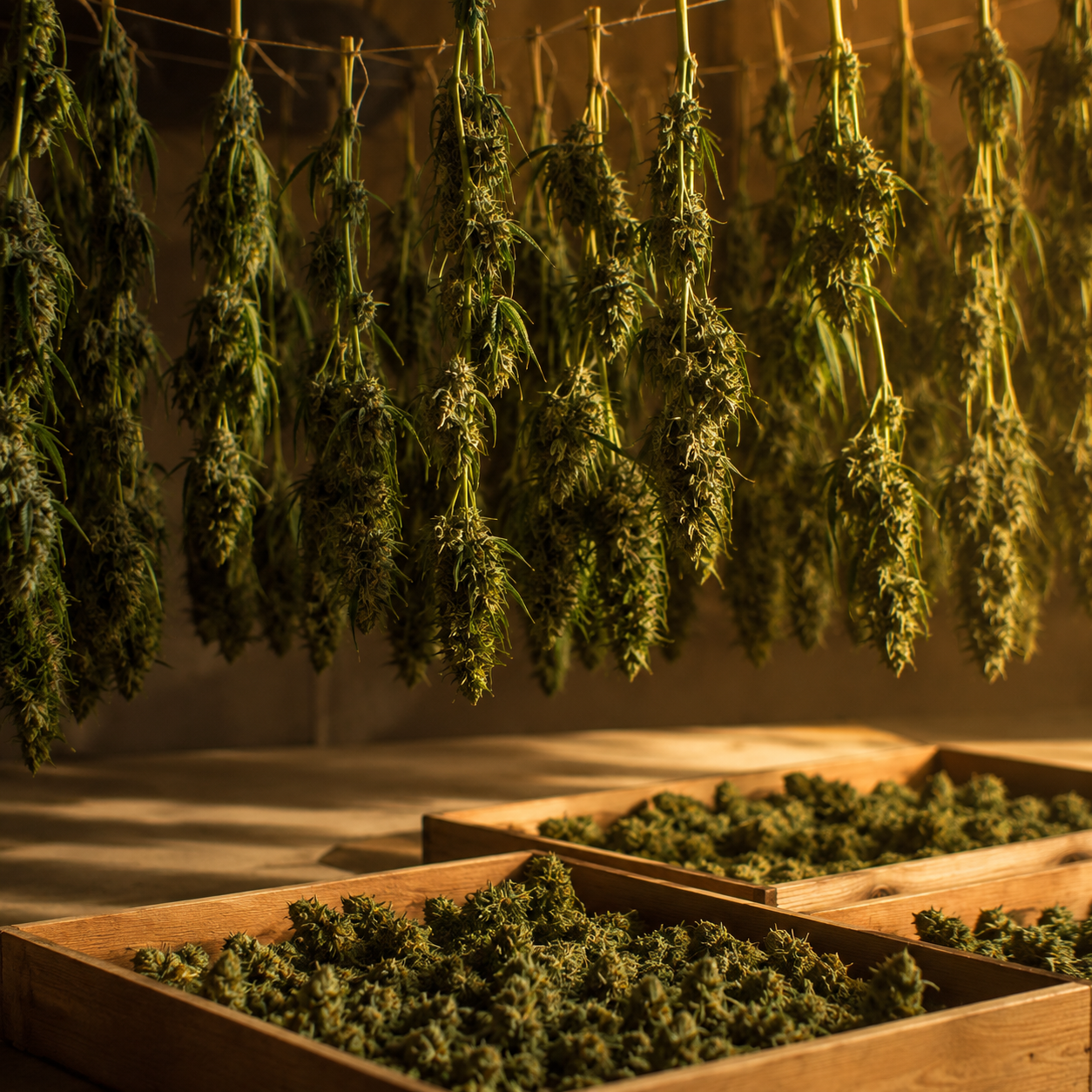 Secagem e cura lenta de flores de cannabis