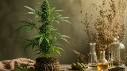 Planta inteira de cannabis em contexto botânico e científico