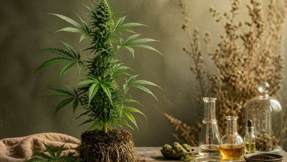Planta inteira de cannabis em contexto botânico e científico