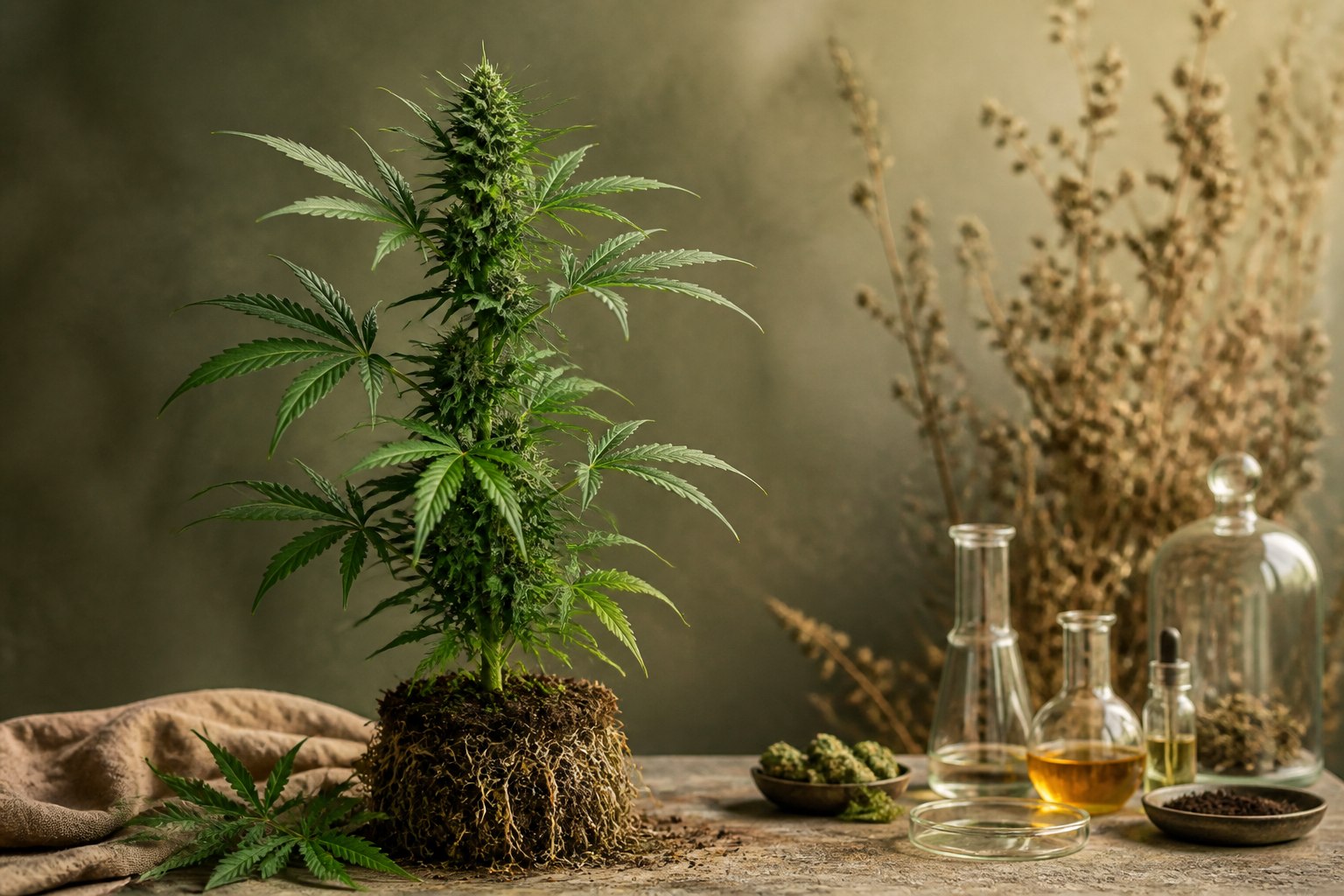 Planta inteira de cannabis em contexto botânico e científico