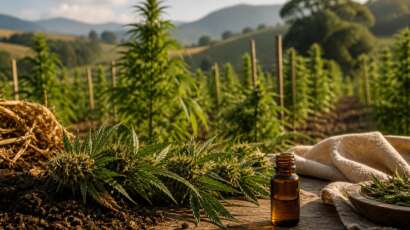Cultivo ao sol e frasco âmbar de extrato de cannabis