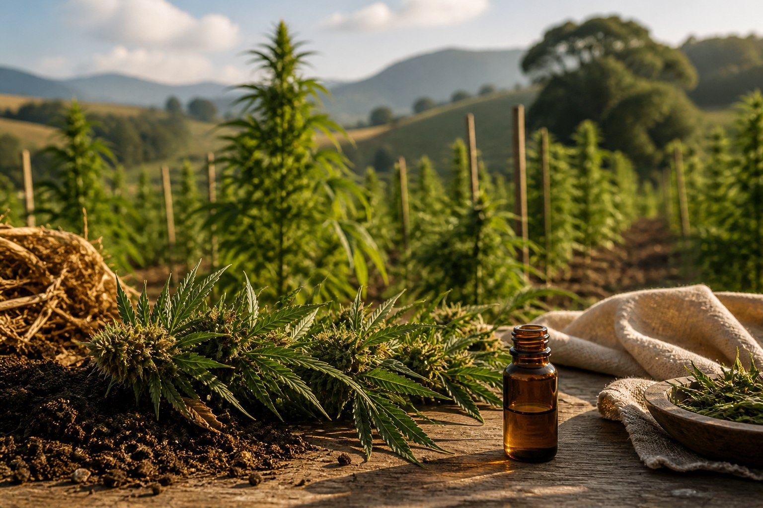 Cultivo ao sol e frasco âmbar de extrato de cannabis