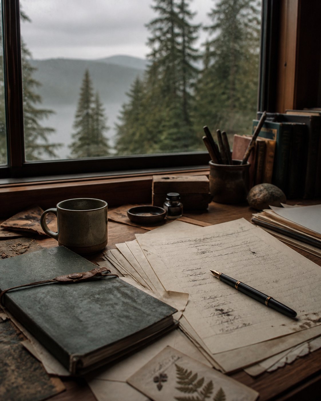 Mesa de trabalho com manuscritos diante da paisagem do Oregon, representação indireta do autor