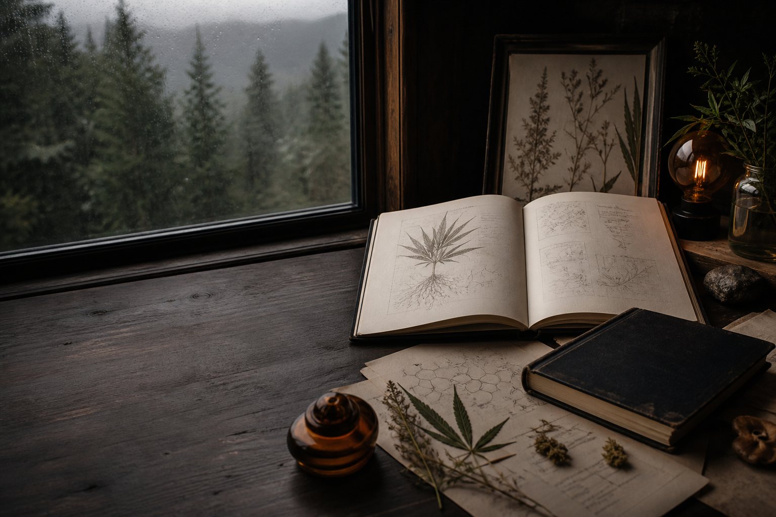 Livro aberto com referências botânicas diante da paisagem chuvosa do Oregon